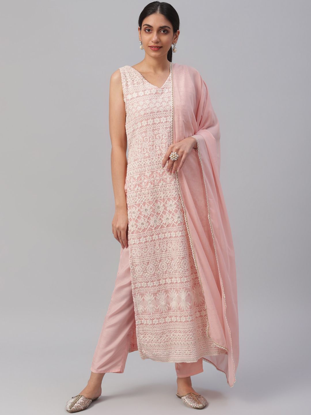 Libas Women Pink & White Embroidered Kurti with Trousers & Dupatta Price in India