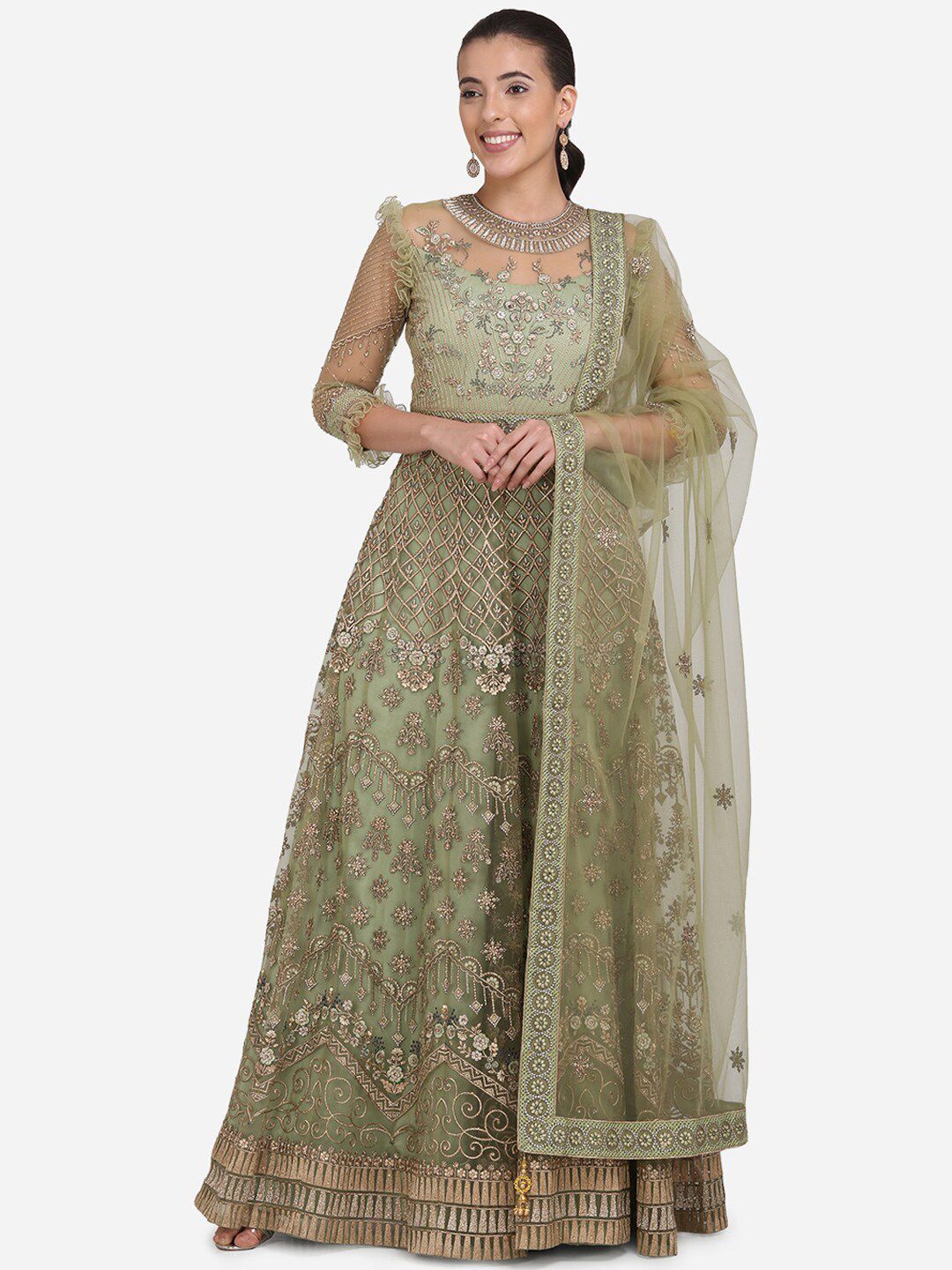 Stylee LIFESTYLE Green & Silver-Toned Net Semi-Stitched Dress Material Price in India