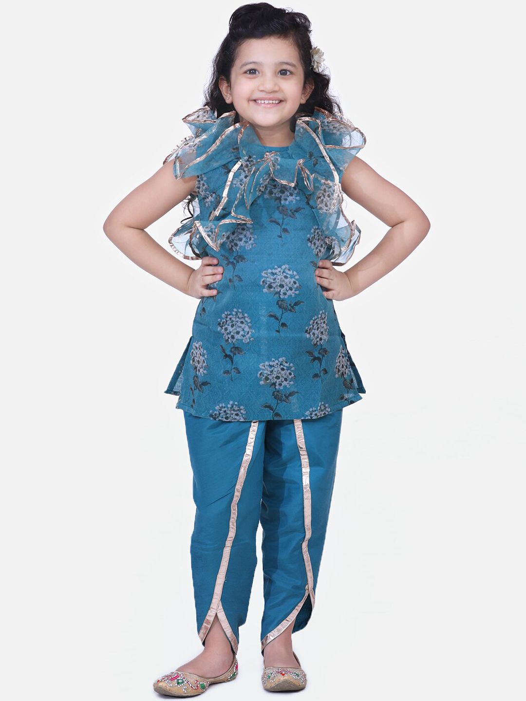 Fairies Forever Girls Teal Blue & Grey Printed Kurta With Dhoti
