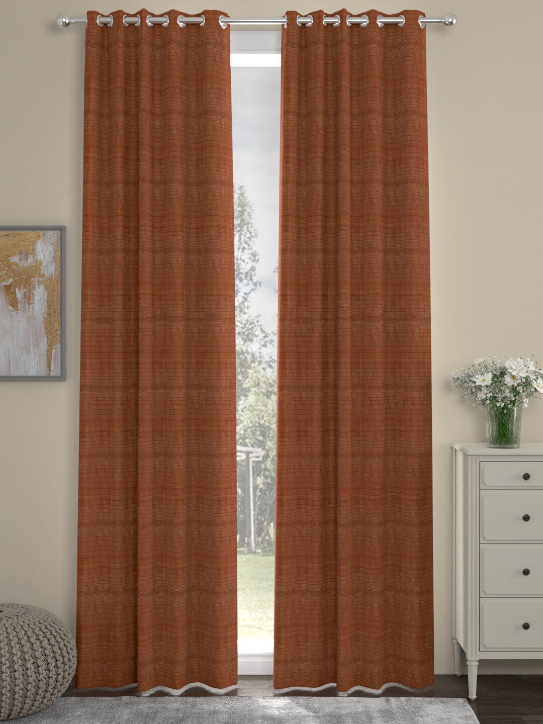 ROSARA HOME Rust Brown Set of 2 Striped Long Door Curtains Price in India