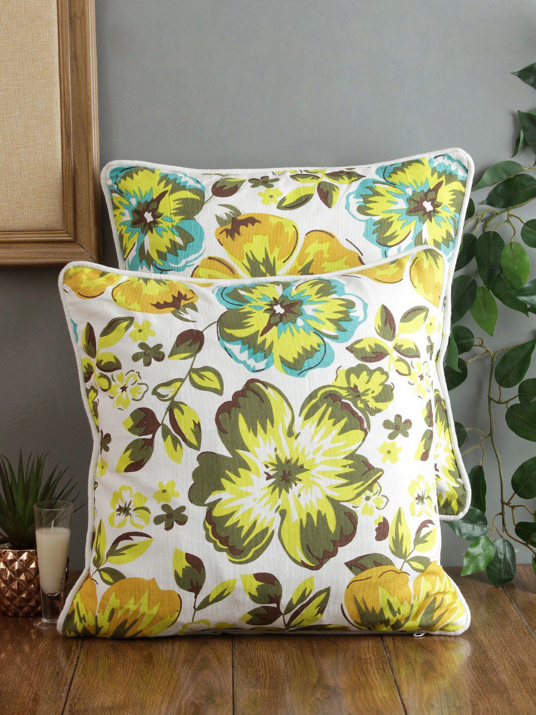 Soumya Green & Off-White Set of 2 Floral Square Cushion Covers Price in India