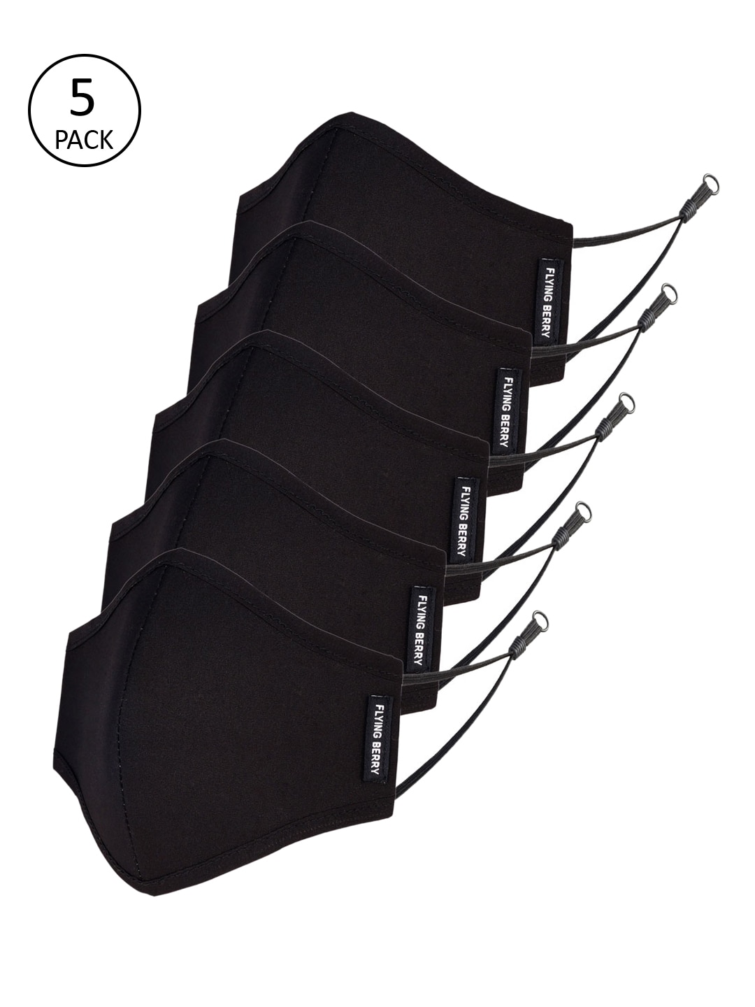 Flying Berry Adults Pack of 5 Black Reusable 3-Layers Cloth Mask Price in India