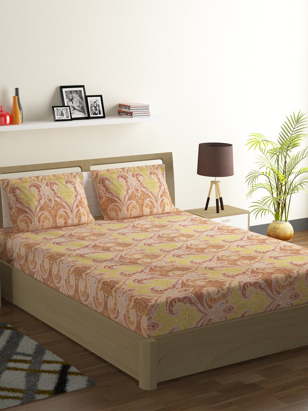 SWAYAM Brown & Mustard Floral 210 TC Cotton 1 King Bedsheet with 2 Pillow Covers Price in India