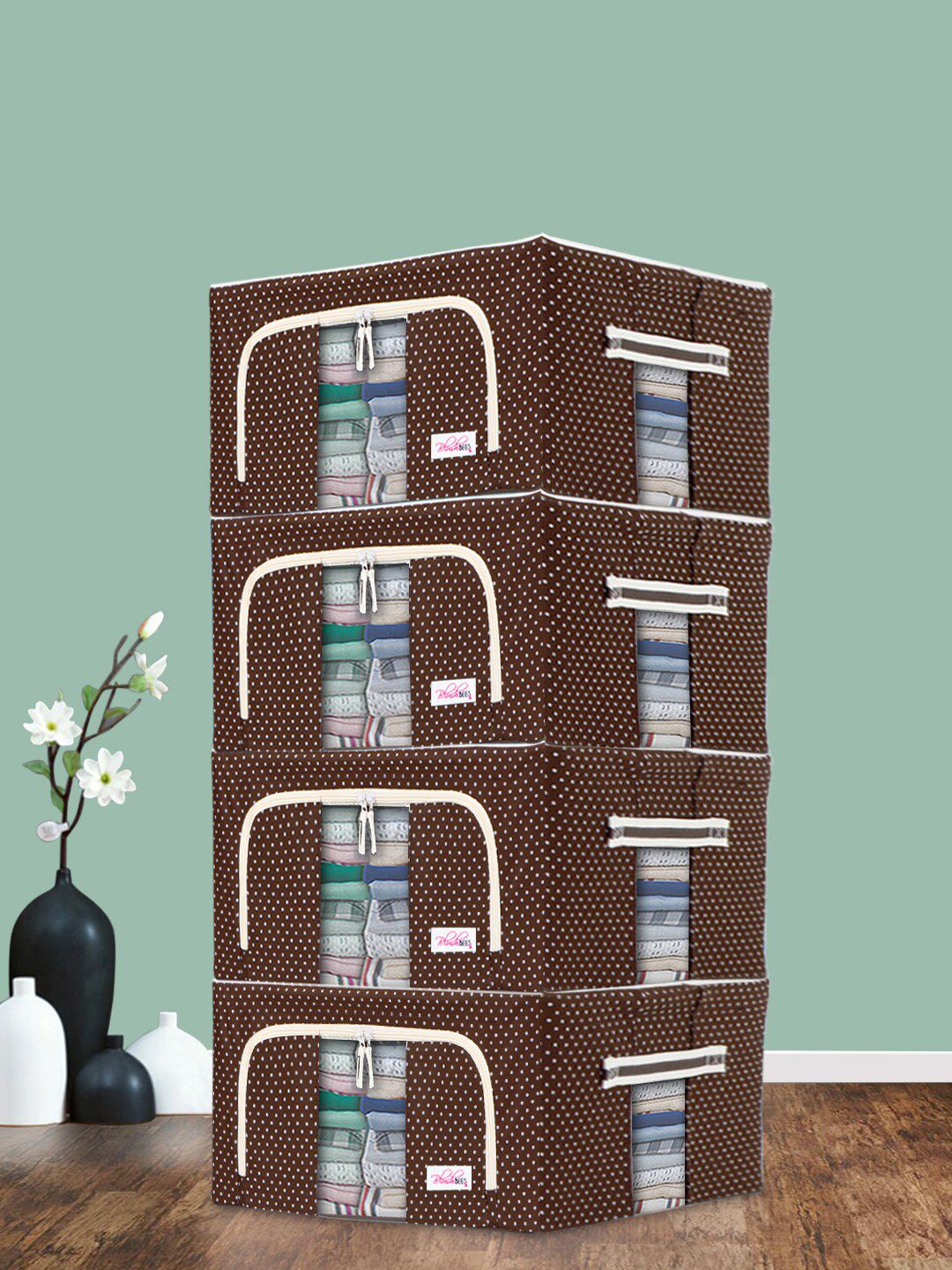 BlushBees Set Of 4 Brown & White Printed Box Storage Organiser Price in India