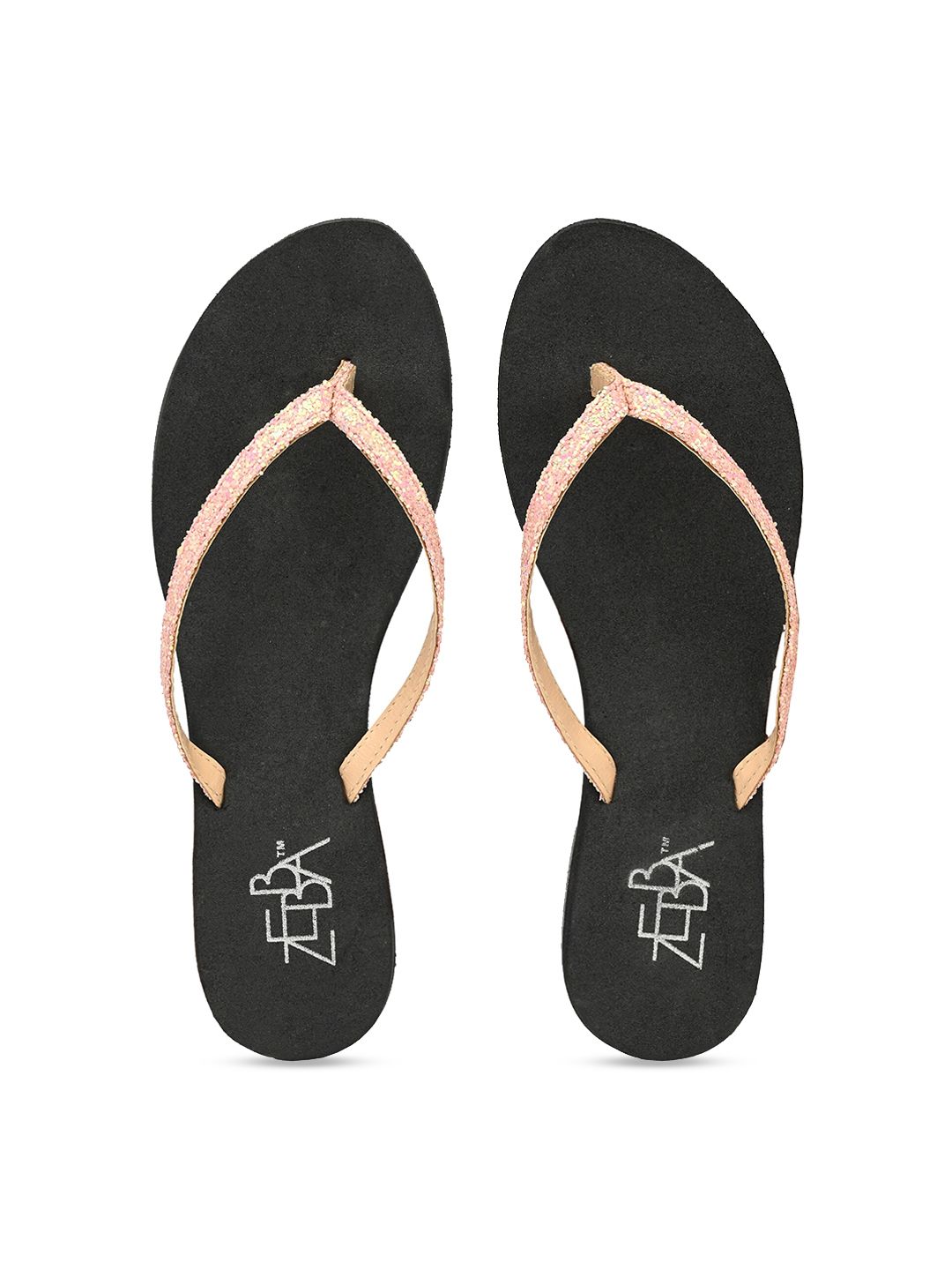 Zebba Women Nude-Coloured & Black Solid Thong Flip-Flops Price in India