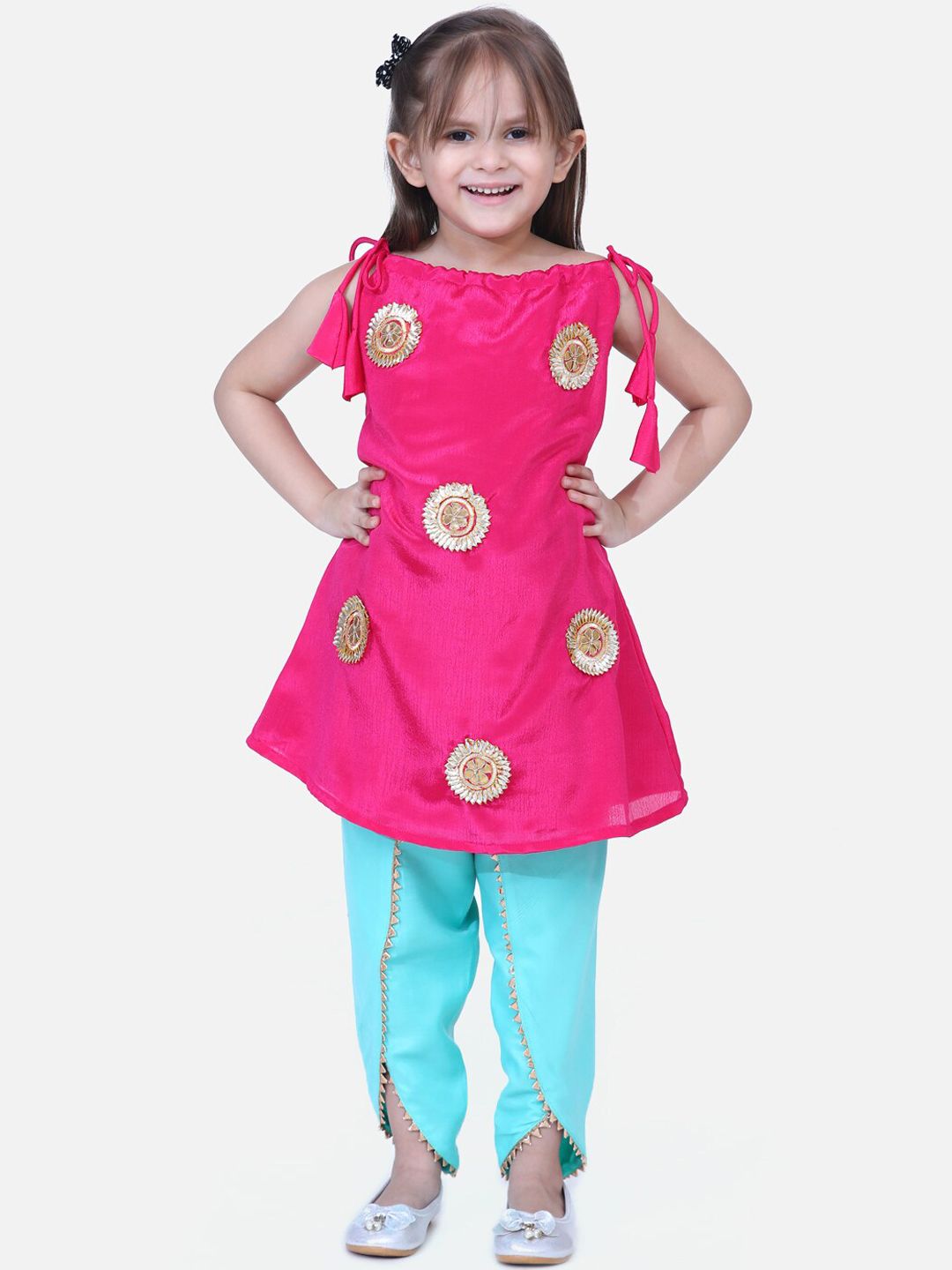 Fairies Forever Girls Pink & Blue Embellished Kurta with Dhoti Pants