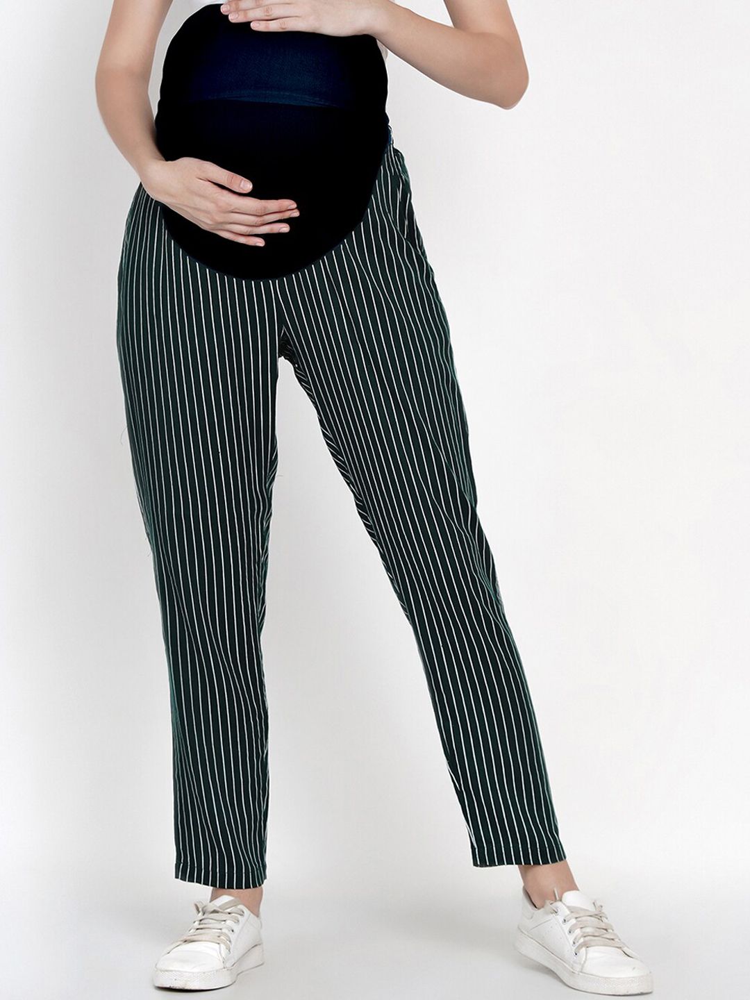 Mine4Nine Women Green & White Straight Fit Striped Maternity Regular Trousers Price in India