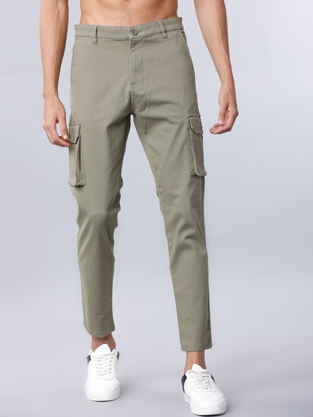 Men Slim Fit Cargos HIGHLANDER Men Olive Green Slim Fit Solid Cargos
