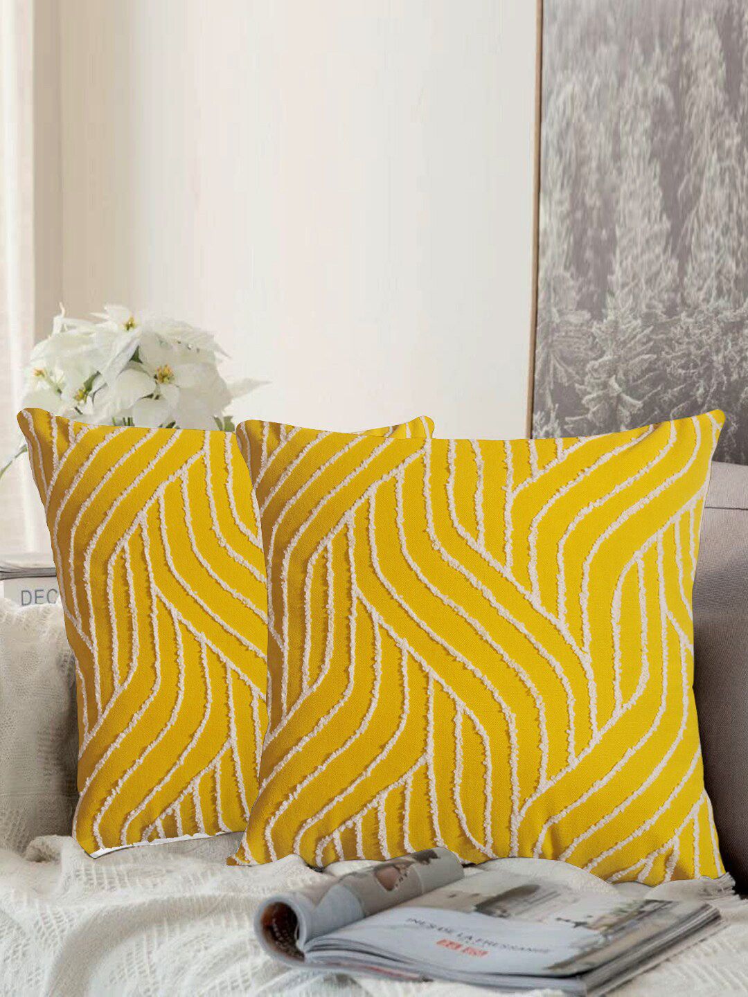 aRDENMEAD Yellow Set of 2 Embroidered Square Cushion Covers Price in India