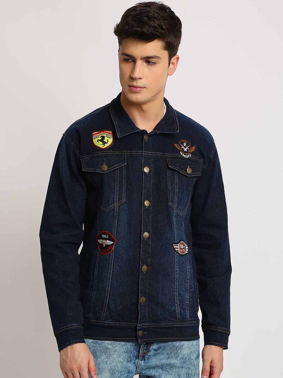 VOXATI Men Blue Checked Denim Jacket