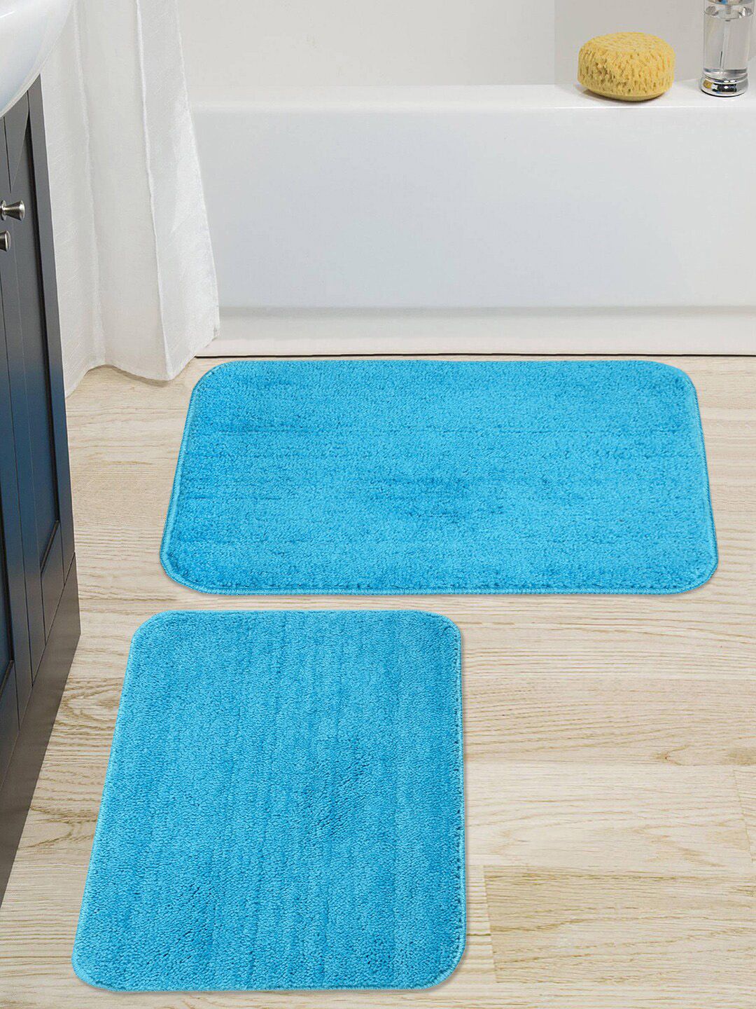 Saral Home Set of 2 Turquoise Blue Solid Microfibre Anti-Skid Bath Rugs Price in India