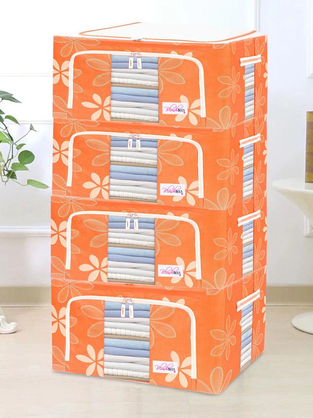 BlushBees Set Of 4 Orange & White Printed Foldable Living Box Price in India