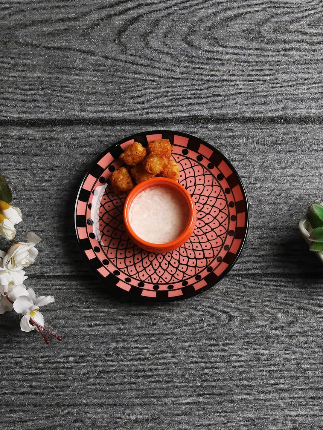 MIAH Decor Pink & Black Ceramic Floral Platter With Attached Bowl Price in India