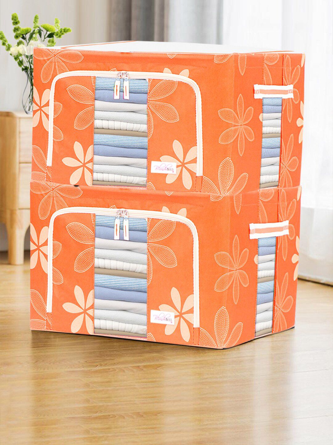 BlushBees Set Of 2 Orange & Off-White Floral Printed Multi-Utility Storage Boxes Price in India