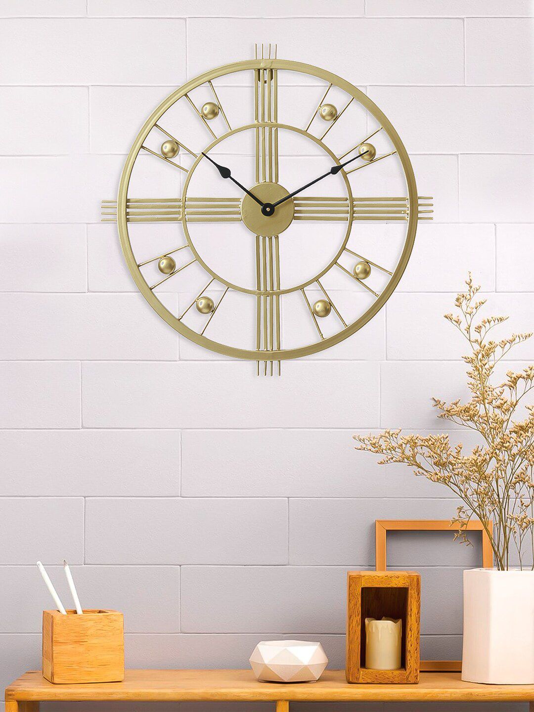 eCraftIndia Gold-Toned Handcrafted Round Solid 51cm Analogue Wall Clock Price in India