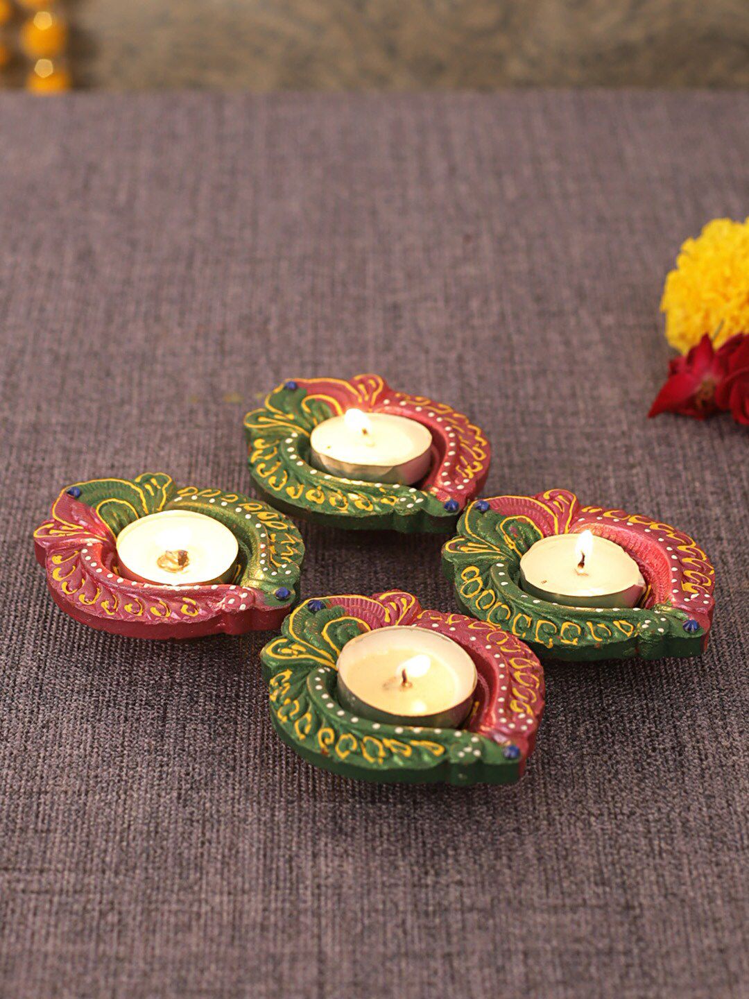 TIED RIBBONS Multicolored Pack of 4 Terracotta Diyas Price in India