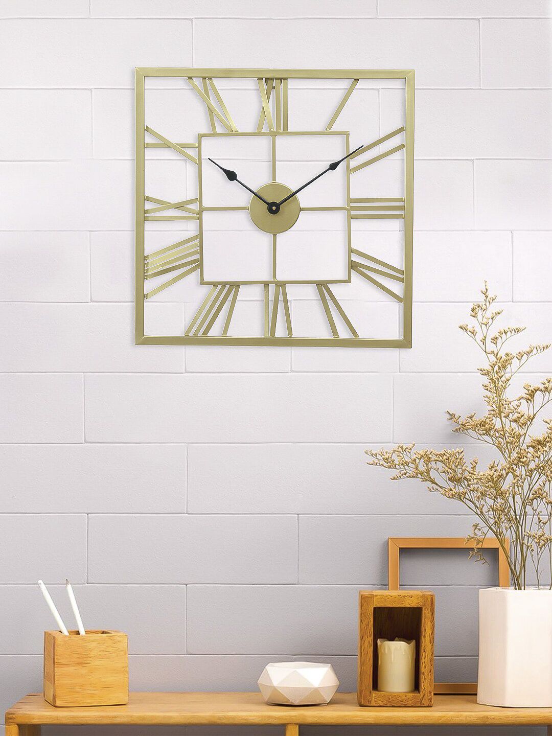 eCraftIndia Gold-Toned Handcrafted Square Solid 45 cm Analogue Wall Clock Price in India