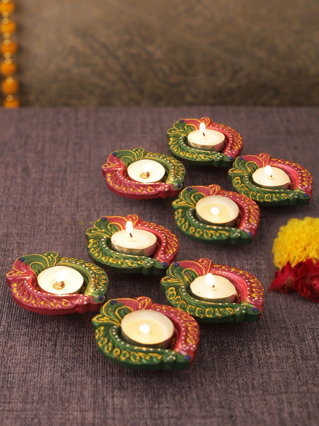 TIED RIBBONS Set of 8 Green & Pink Terracotta Diyas Price in India
