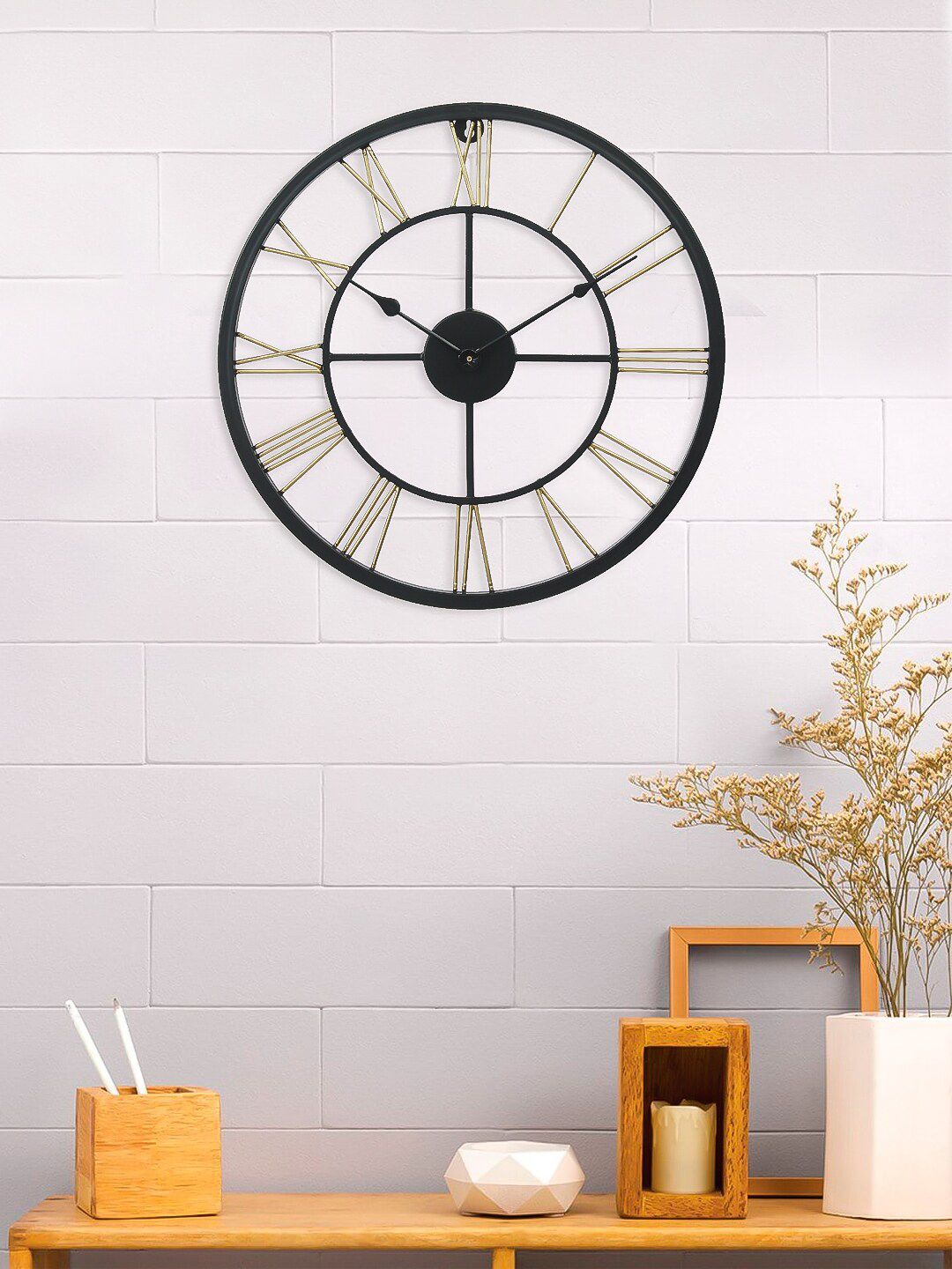 eCraftIndia Gold-Toned & Black Handcrafted Round Solid 45 Cm Analogue Wall Clock Price in India