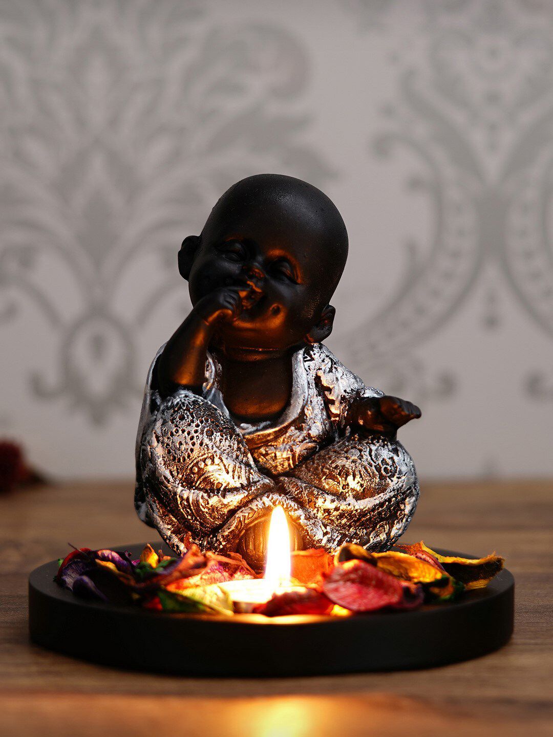 eCraftIndia Black & Silver-Toned Smiling Monk Buddha With Wooden Base Price in India