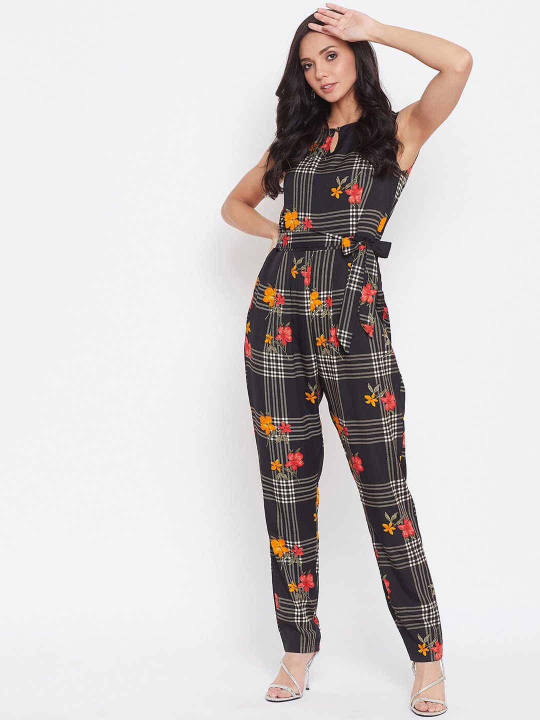 Uptownie Lite Women Black & White Checked Basic Jumpsuit Price in India
