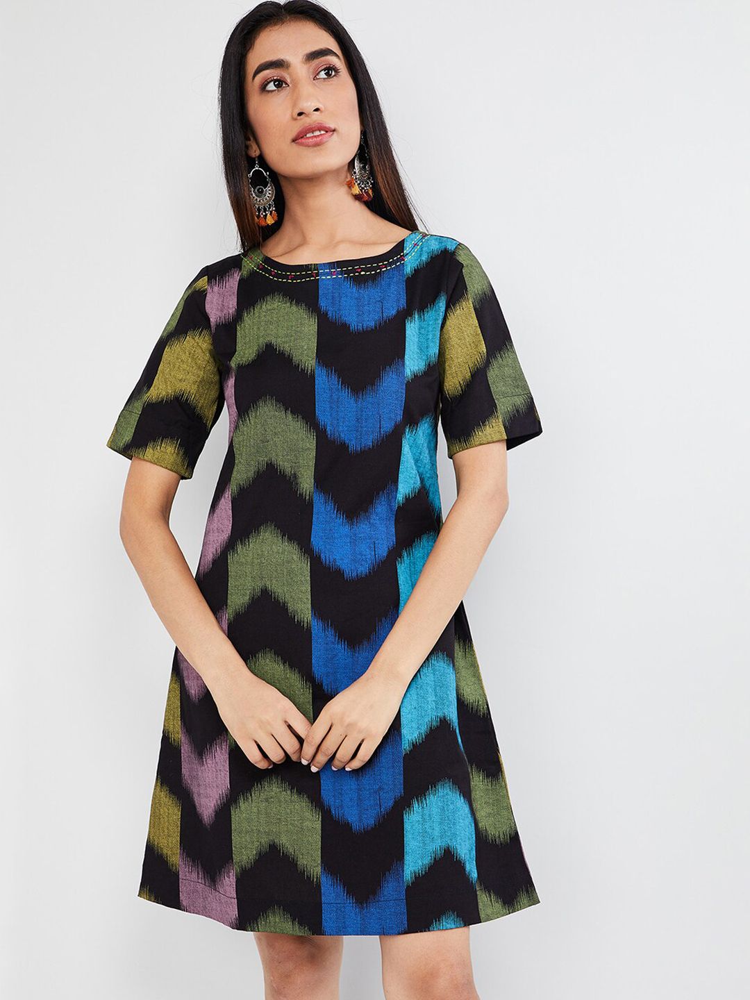 max Women Black & Blue Printed A-Line Dress