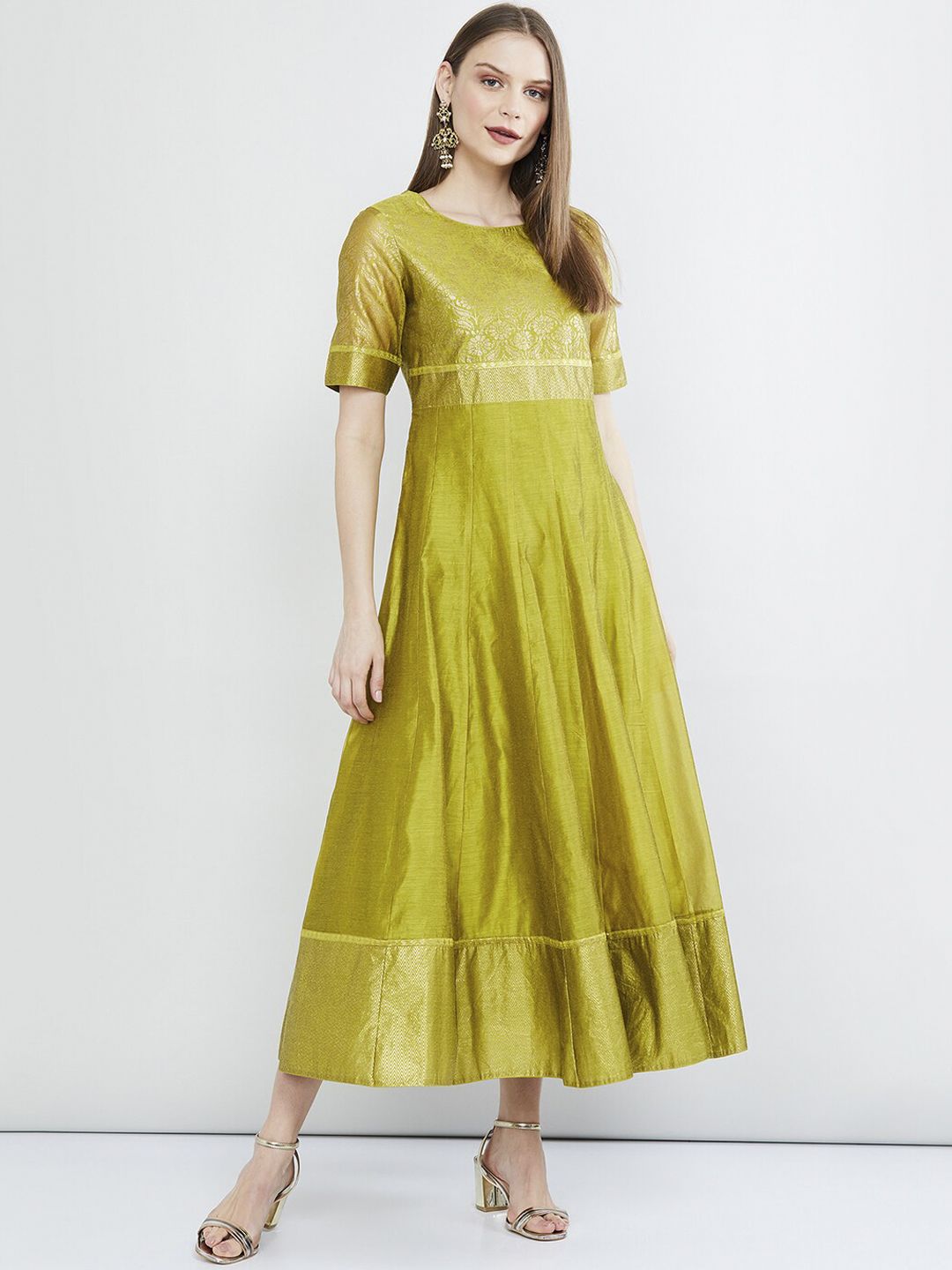 max Women Green & Gold-Coloured Printed A-Line Dress