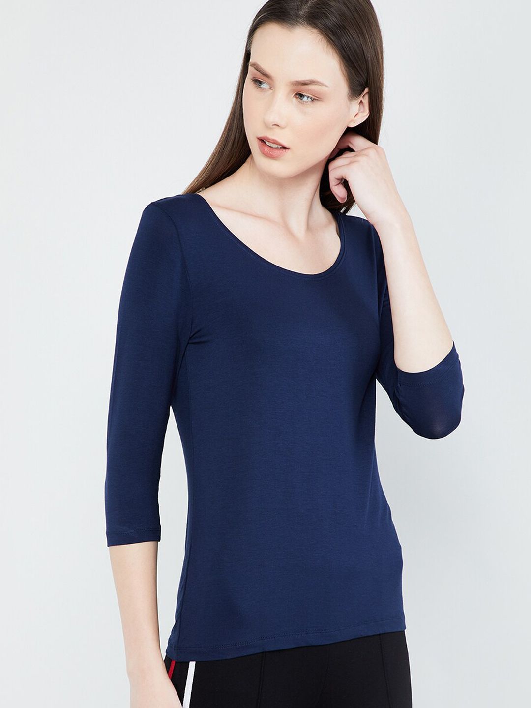 max Women Navy Blue Solid Top