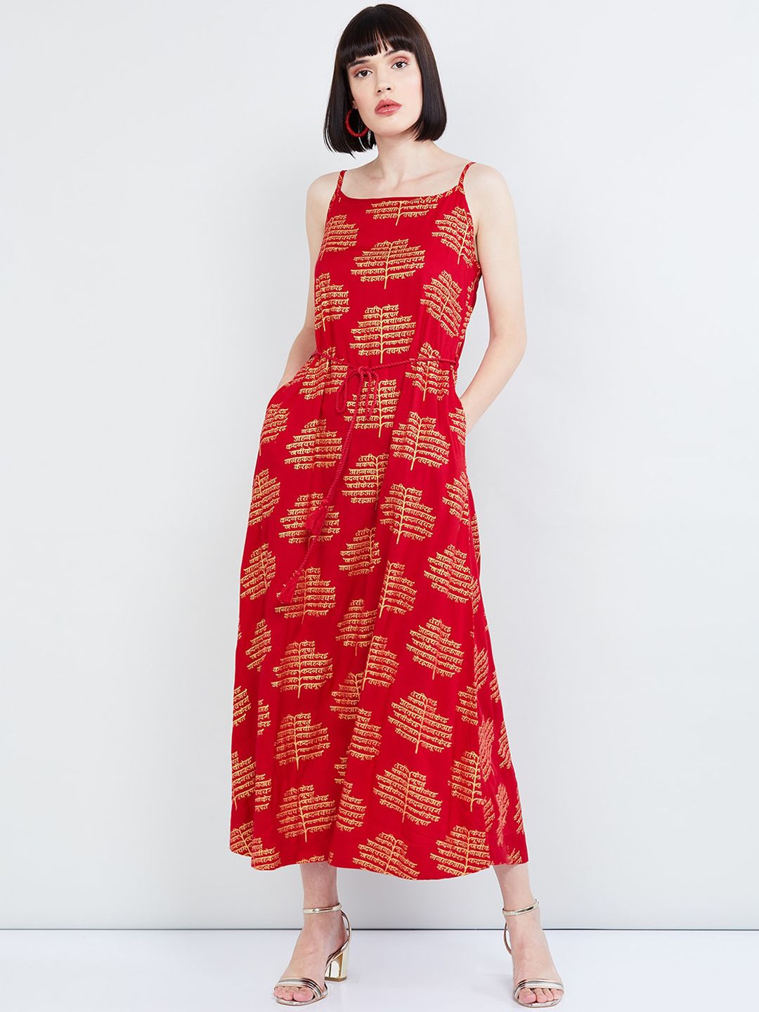 max Women Red & Gold-Coloured Printed A-Line Dress