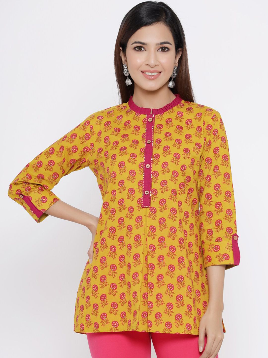 Silai Bunai Women Mustard Yellow & Pink Printed Pure Cotton Straight Kurti Price in India