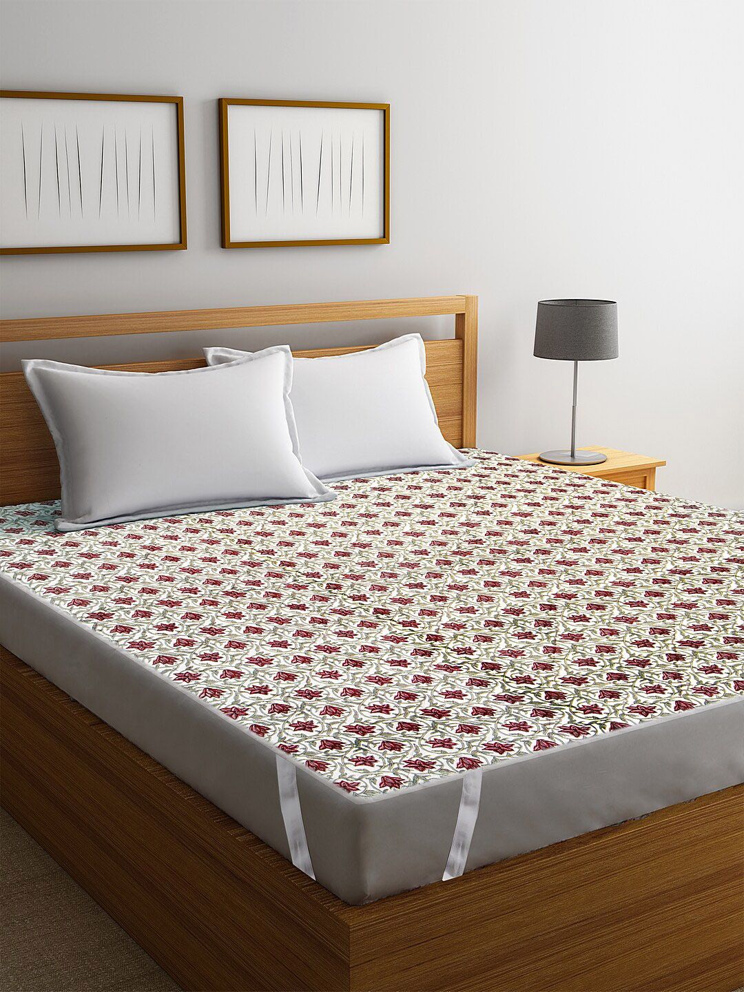 Rajasthan Decor Off-White & Brown Screen Print Quilted Double Bed Mattress Protector Price in India