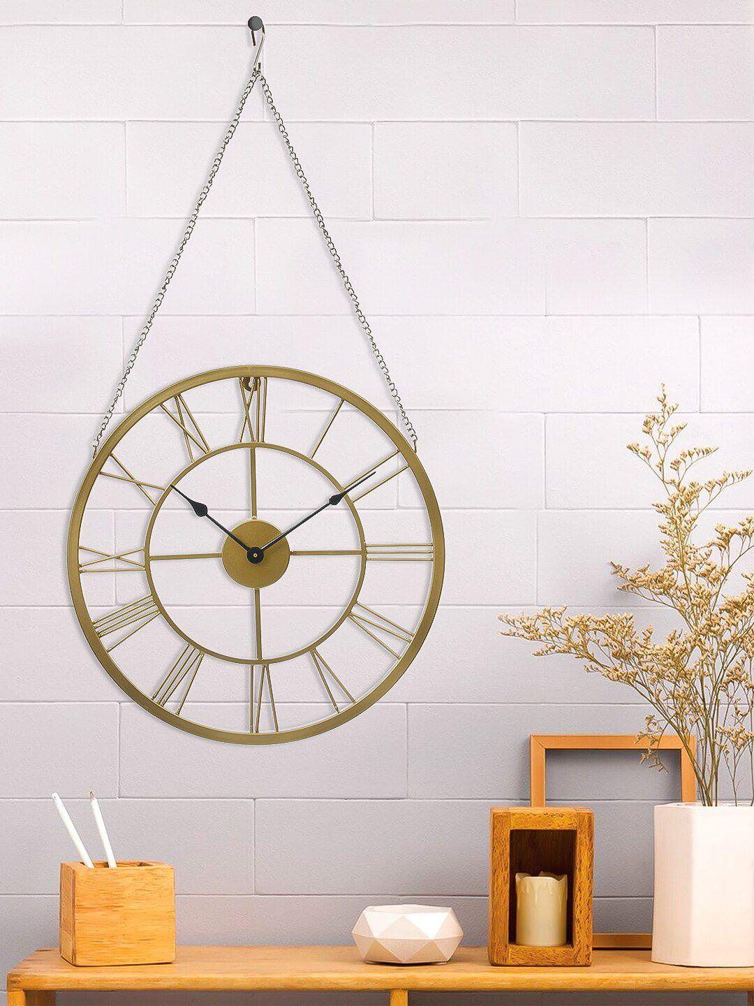 eCraftIndia Gold-Toned Handcrafted Round Solid Analogue Wall Clock Price in India