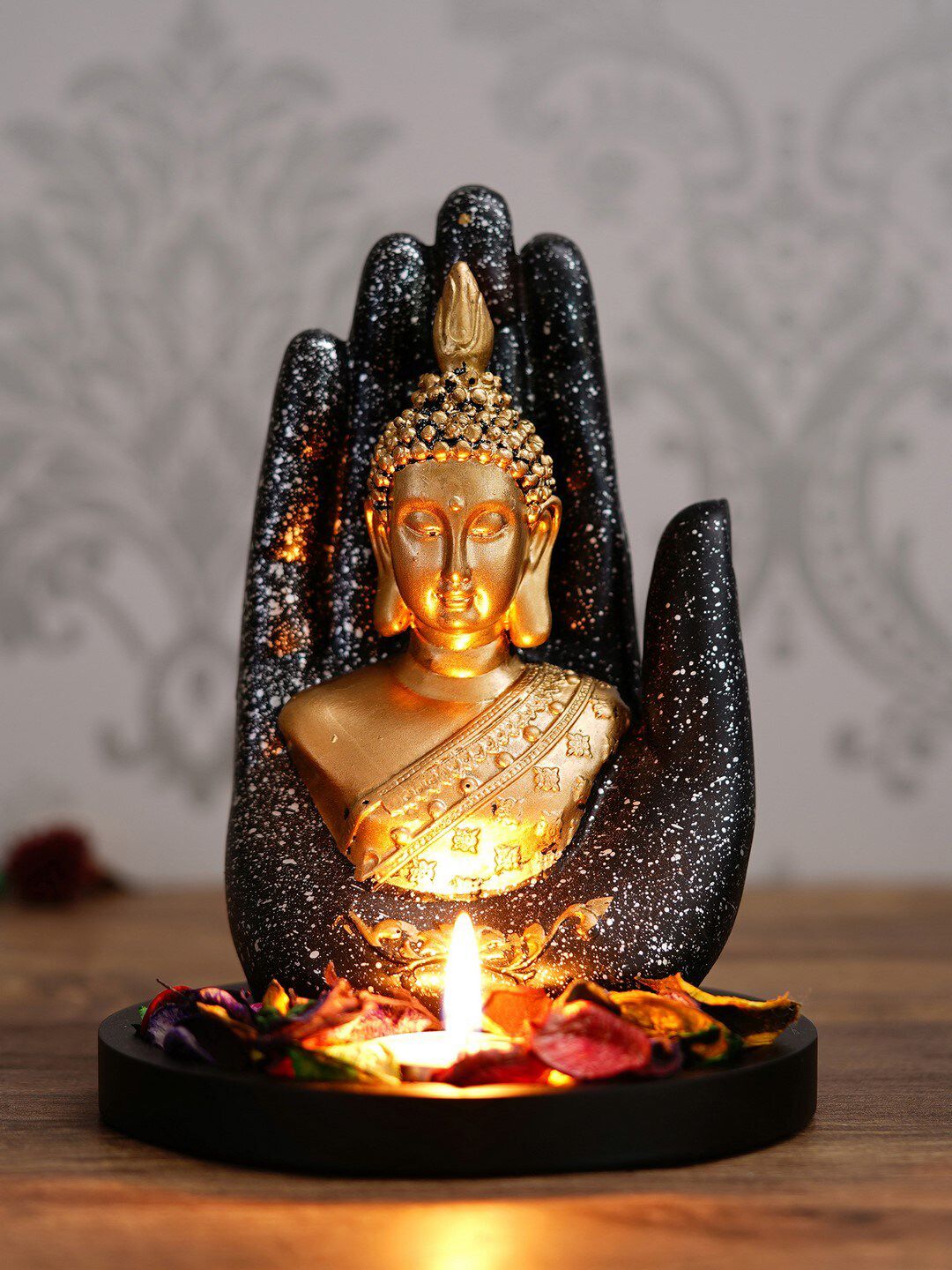 eCraftIndia Black & Gold-Toned Handcrafted Palm Buddha Decorative Showpiece with Wooden Base Price in India