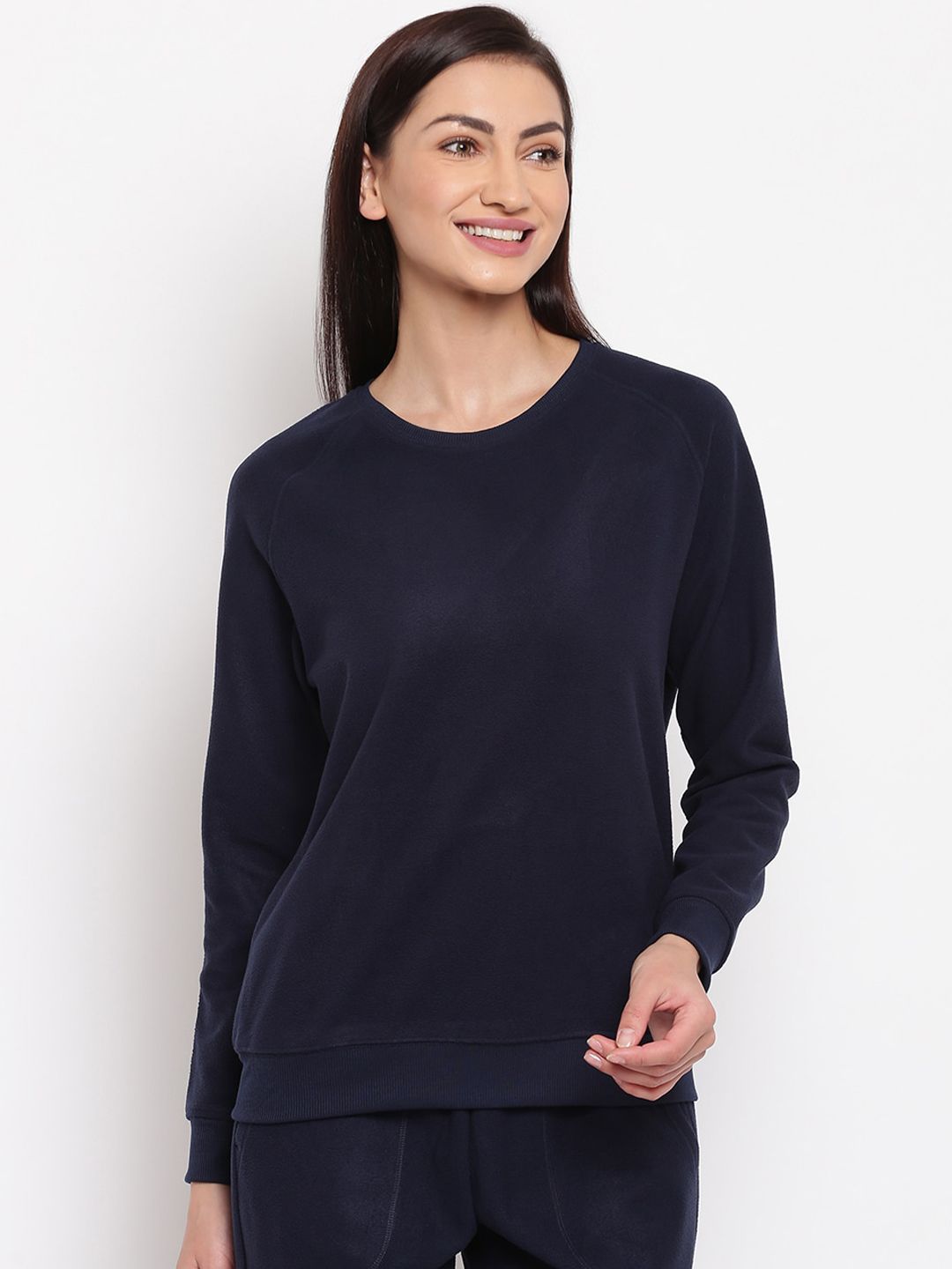 Enamor Women Navy Relaxed Fit Cozy Fleece Sweat Shirt Price in India