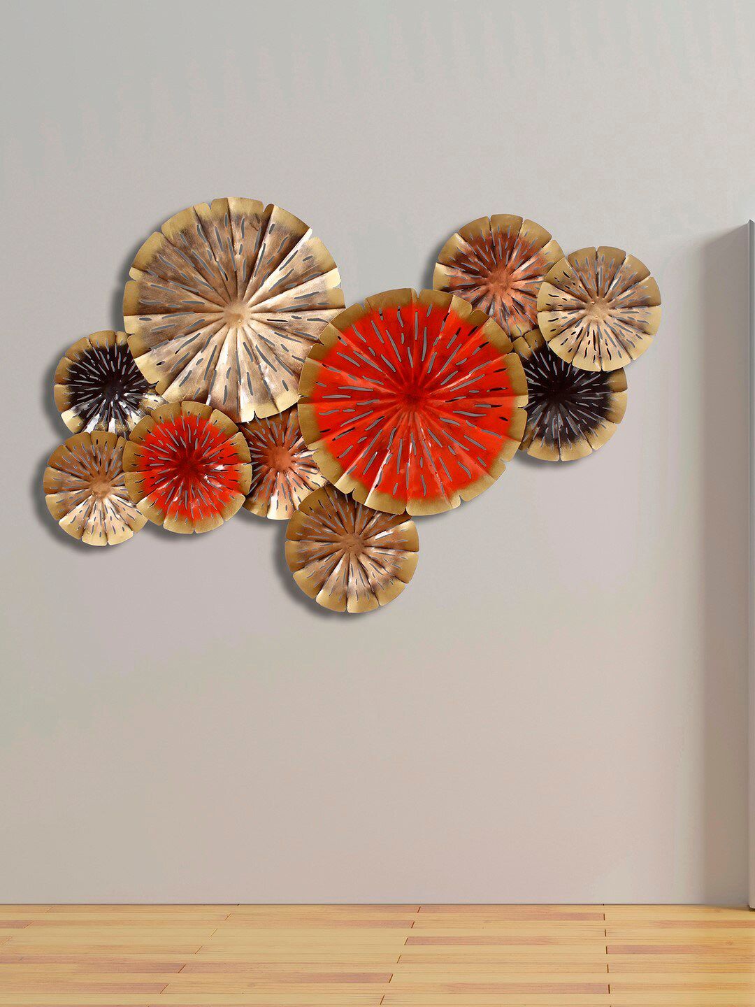 eCraftIndia Gold-Toned & Orange Abstract Handcrafted Iron Hanging Plates Wall Decor Price in India