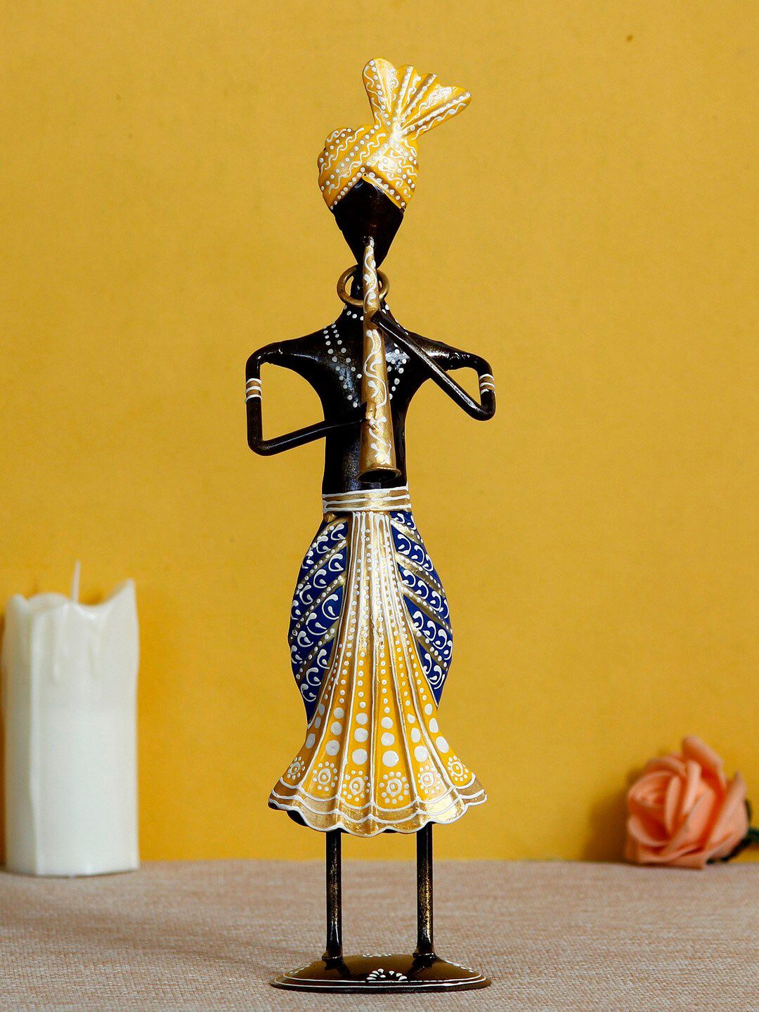 eCraftIndia Black & Yellow Handcrafted Tribal Man Playing Musical Instrument Trumpet Decorative Showpiece Price in India