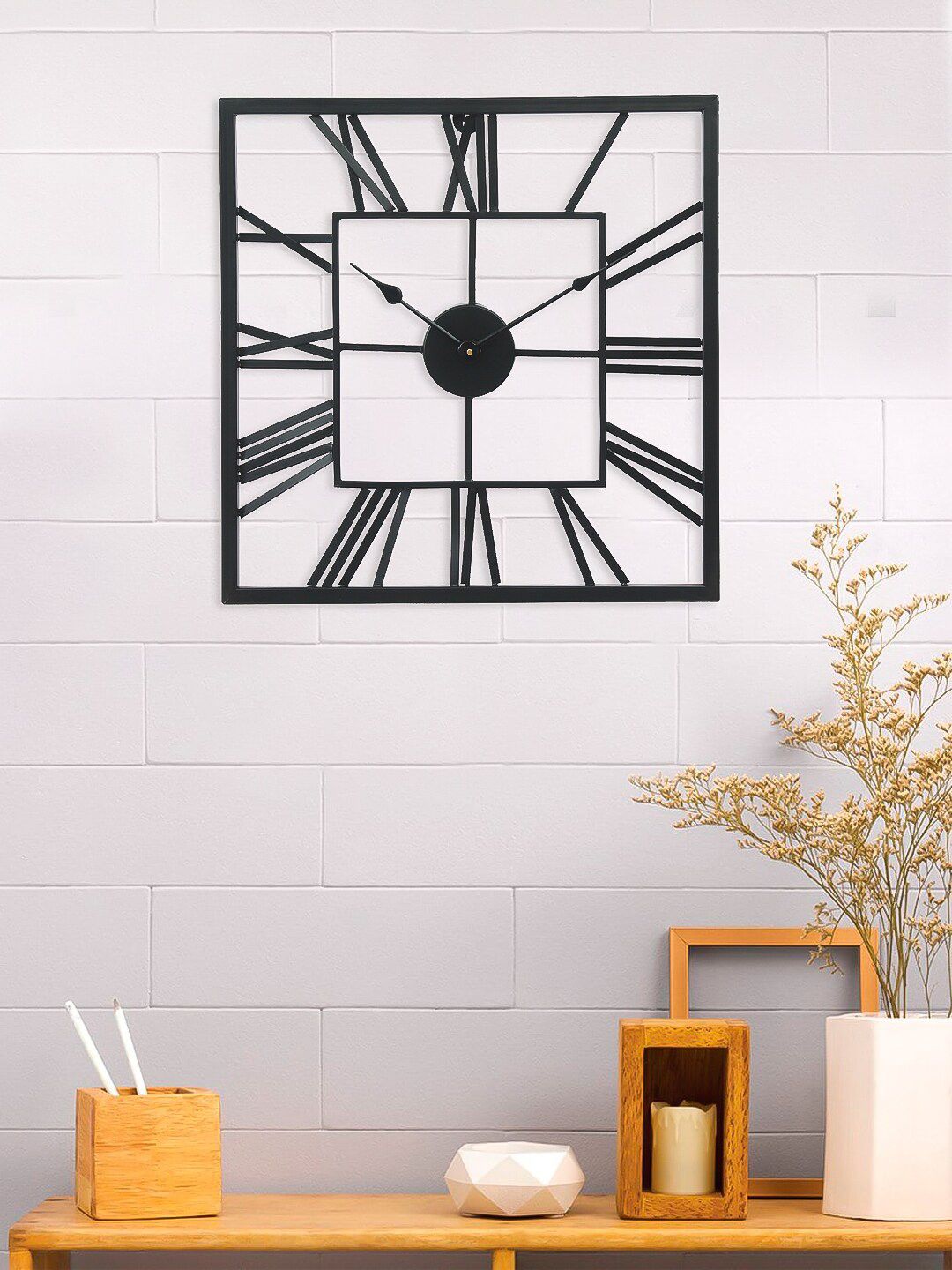 eCraftIndia Black Handcrafted Square Solid Analogue Wall Clock Price in India