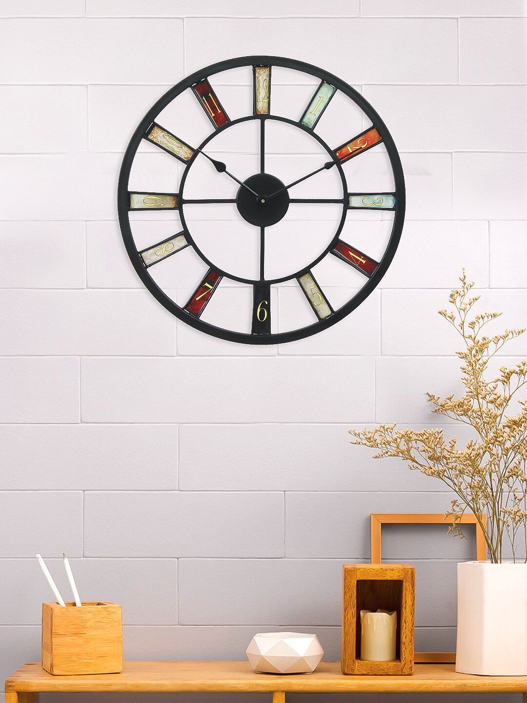 eCraftIndia Black Handcrafted Round Solid 46 cm Analogue Wall Clock Price in India