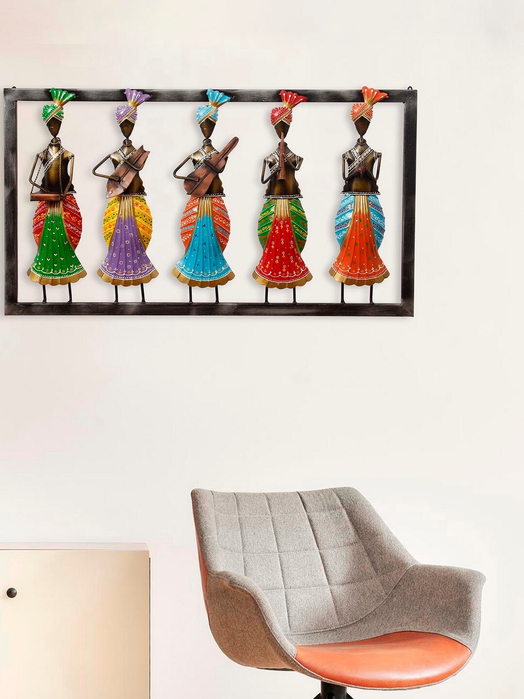 eCraftIndia Multicoloured Handcrafted 5 Tribal Women Playing Different Musical Instruments Colourful Iron Wall Hanging Price in India