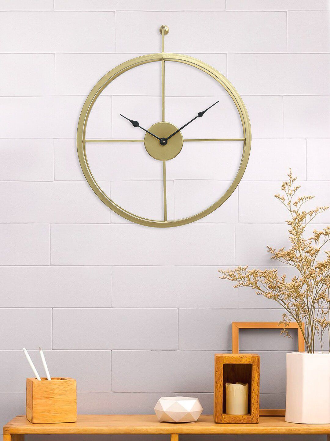 eCraftIndia Gold-Toned Handcrafted Round Solid 46 x 53 cm Analogue Wall Clock Price in India