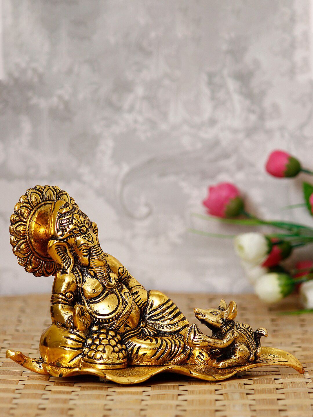eCraftIndia Gold-Toned Resting Ganesha With Mushak Decorative Showpiece Price in India