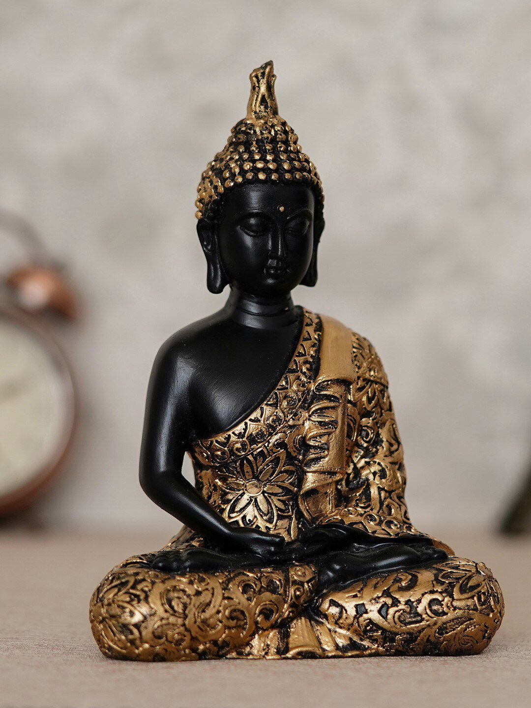 eCraftIndia Gold-Toned & Black Handcrafted Meditating Buddha Decorative Showpiece Price in India