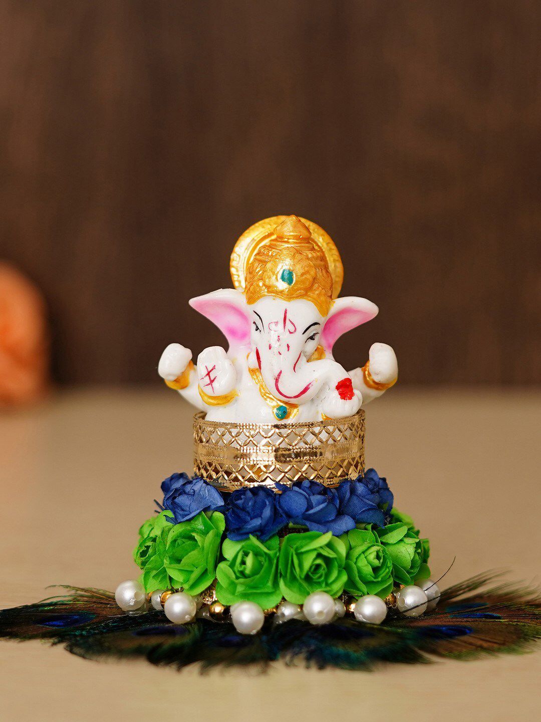 eCraftIndia Green & White Handcrafted Lord Ganesha On Floral Plate With Peacock Feather Showpiece Price in India