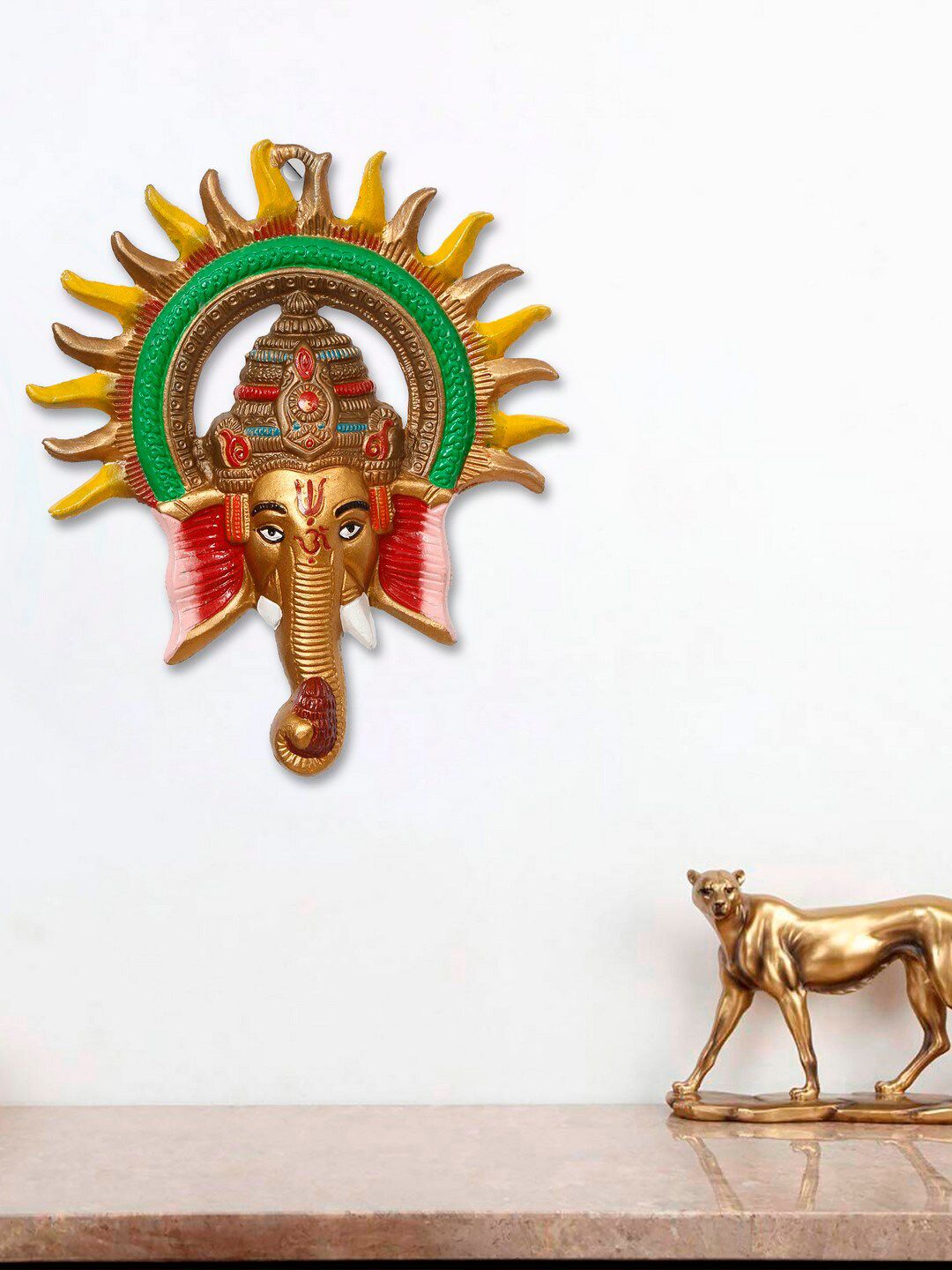 eCraftIndia Gold-Toned & Green Metal Lord Ganesha Decorative Wall Hanging Price in India