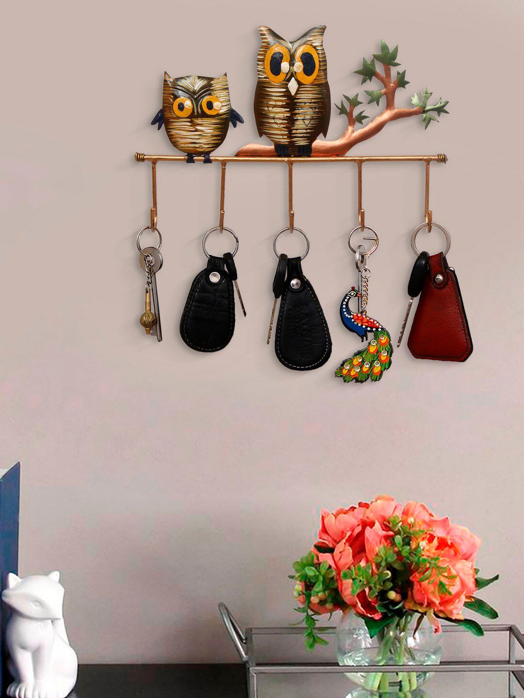eCraftIndia Unisex Bronw & Orange Handcrafted Owl Theme Tribal Art Iron Key Holder With 5 Hooks Price in India