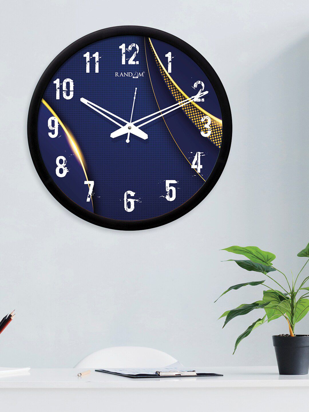 RANDOM Navy Blue & Yellow Round Printed Analogue Wall Clock Price in India