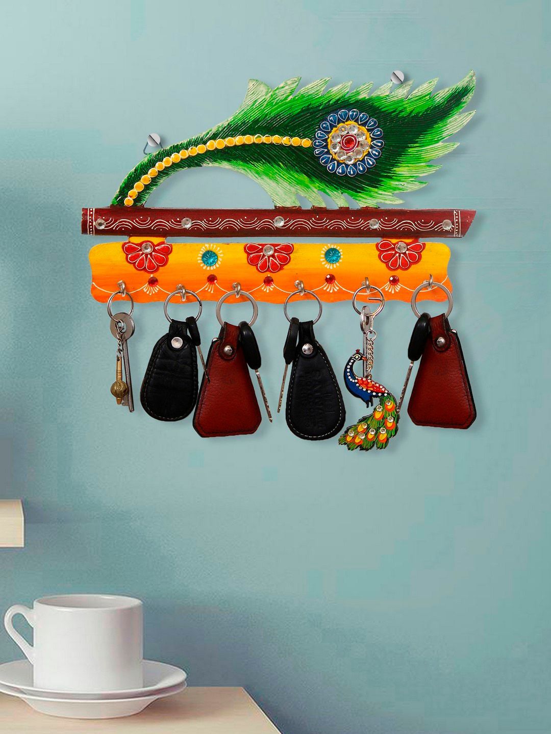 eCraftIndia Unisex Green & Orange Wooden Peacock Feather Keyholders Price in India