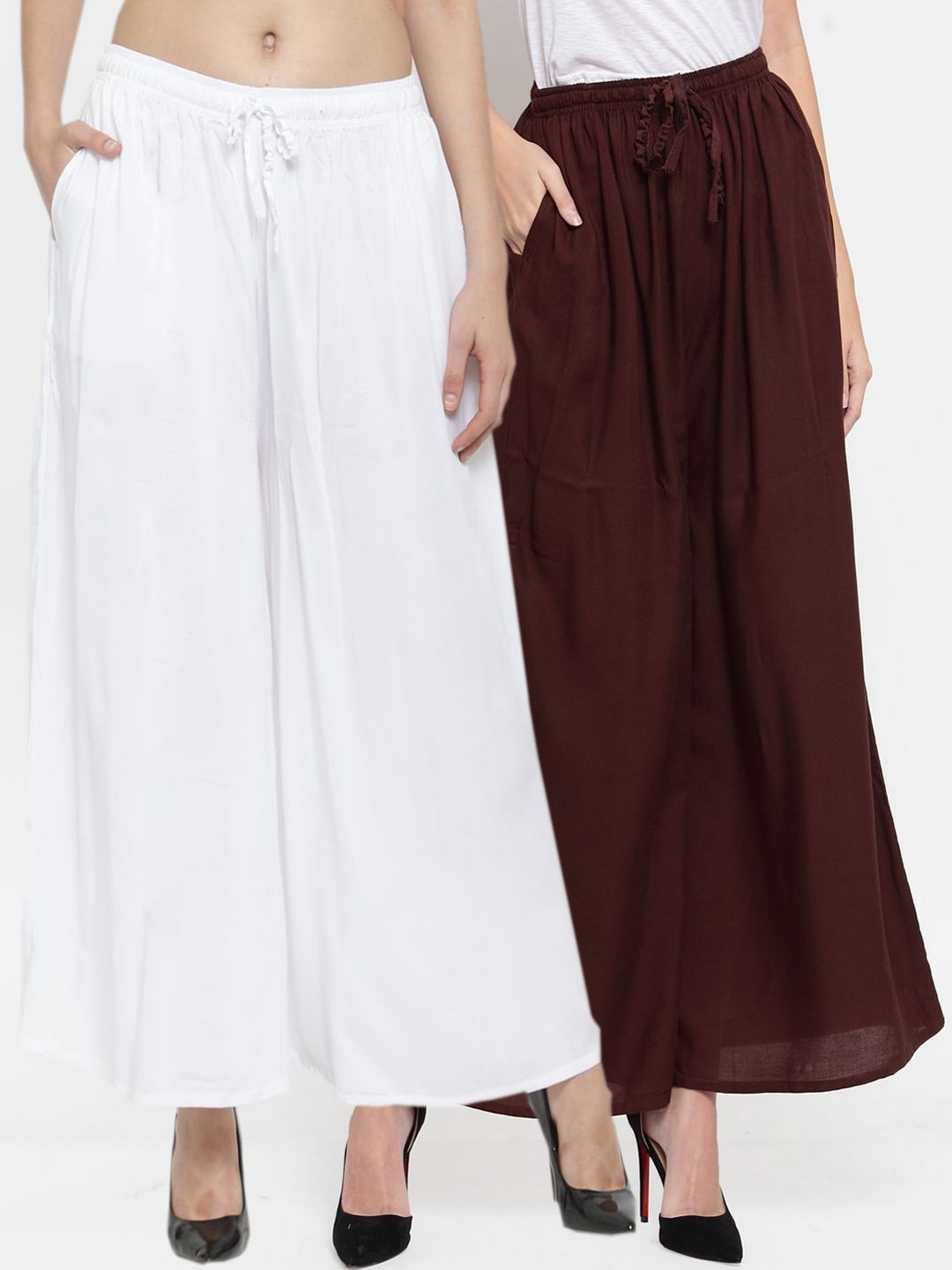 Clora Creation Women Pack Of 2 White & Brown Solid Wide Leg Palazzos Price in India