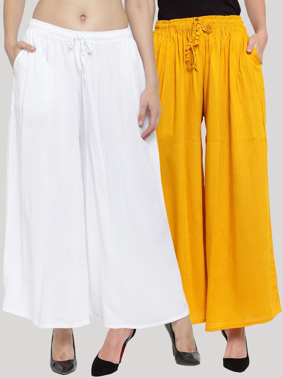 Clora Creation Women Pack Of 2 Yellow & White Solid Wide Leg Palazzos Price in India