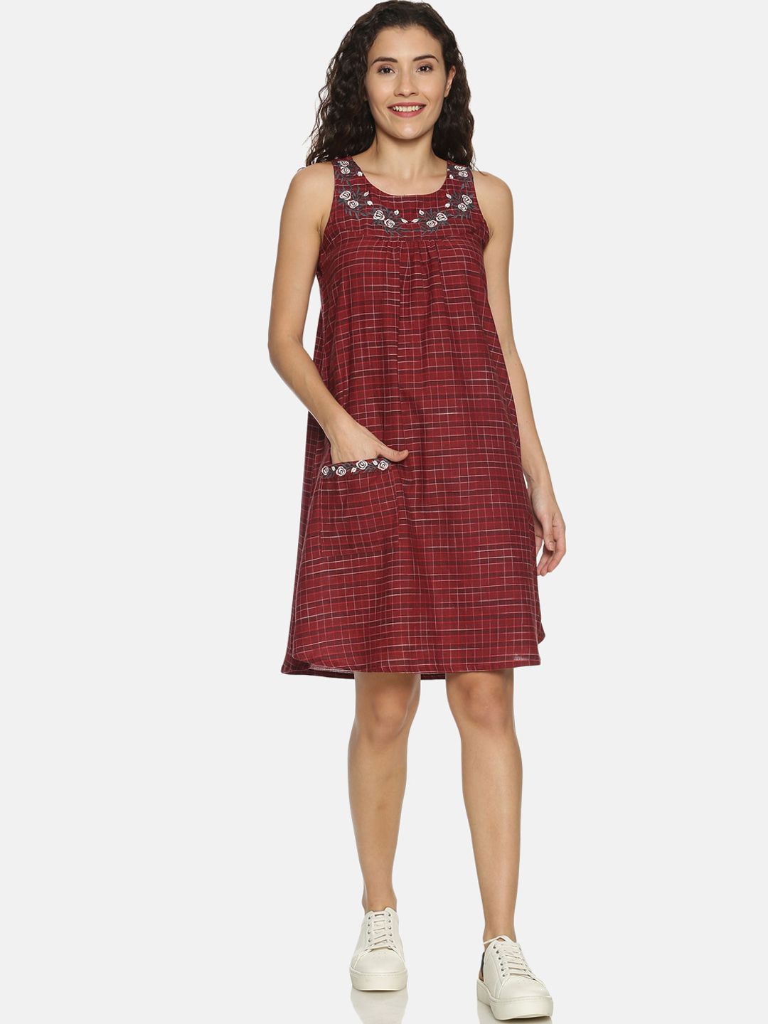 Saffron Threads Women Maroon Checked A-Line Dress